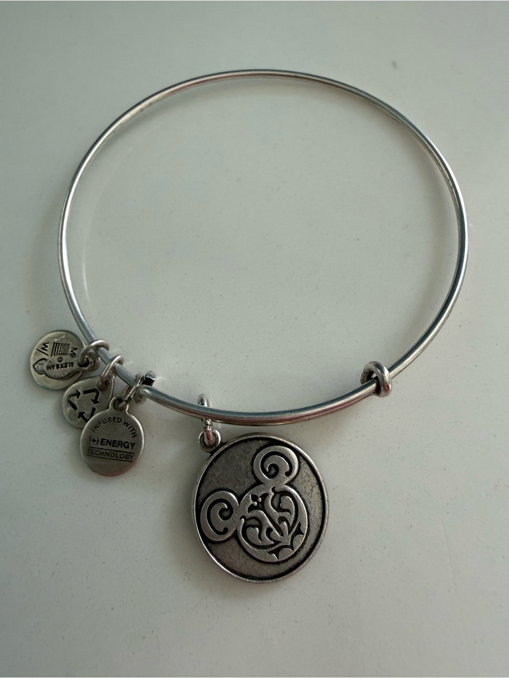 Silver Alex and Ani Bangle Bracelet with a Mickey Mouse Filigree Charm: RETIRED
